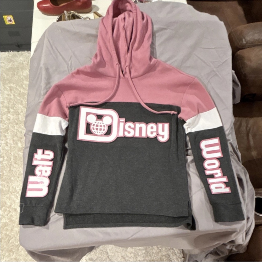 Walt Disney World Pink & Gray Colorblock Hoodie Sweatshirt Puff Logo Women's S